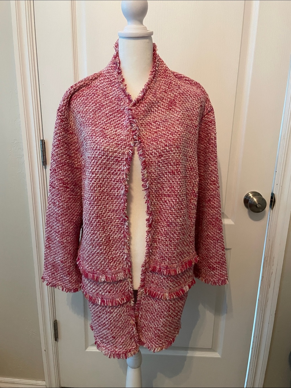 Chico's Pink Marled Open-Front Fringe Cardigan